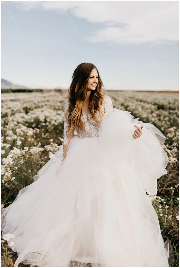 Long Sleeve Lace Wedding Dresses V-Neck ZW465