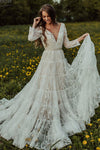 Long Sleeve Lace Wedding Dresses V-Neck Boho Noivas DW174