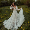 Long Sleeve Lace Wedding Dresses V-Neck Champagne lining Bridal Gowns Princess Boho Noivas DW174