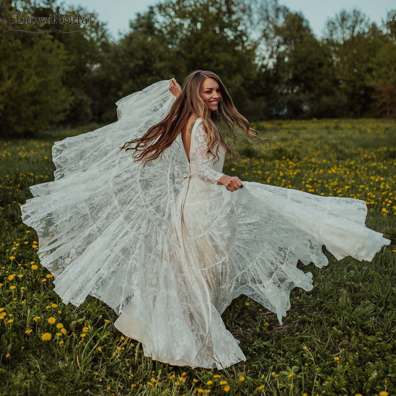 Long Sleeve V-Neck Romantic Boho Bridal Gowns A Line Noivas ZW878 – TANYA  BRIDAL