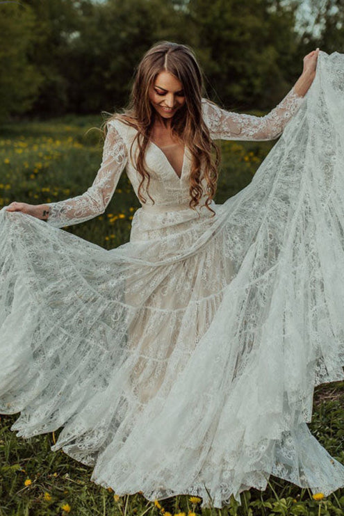 Long Sleeve Lace Wedding Dresses V-Neck Boho Noivas DW174