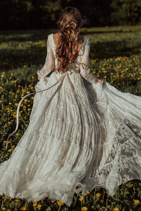 Long Sleeve Lace Wedding Dresses V-Neck Boho Noivas DW174