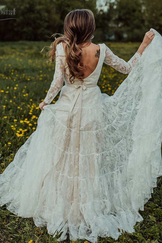 Long Sleeve Lace Wedding Dresses V-Neck Boho Noivas DW174