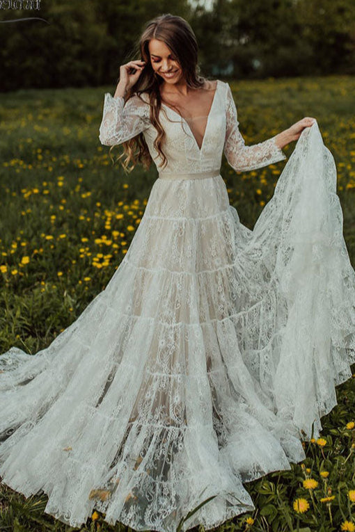 Long Sleeve Lace Wedding Dresses V-Neck Boho Noivas DW174
