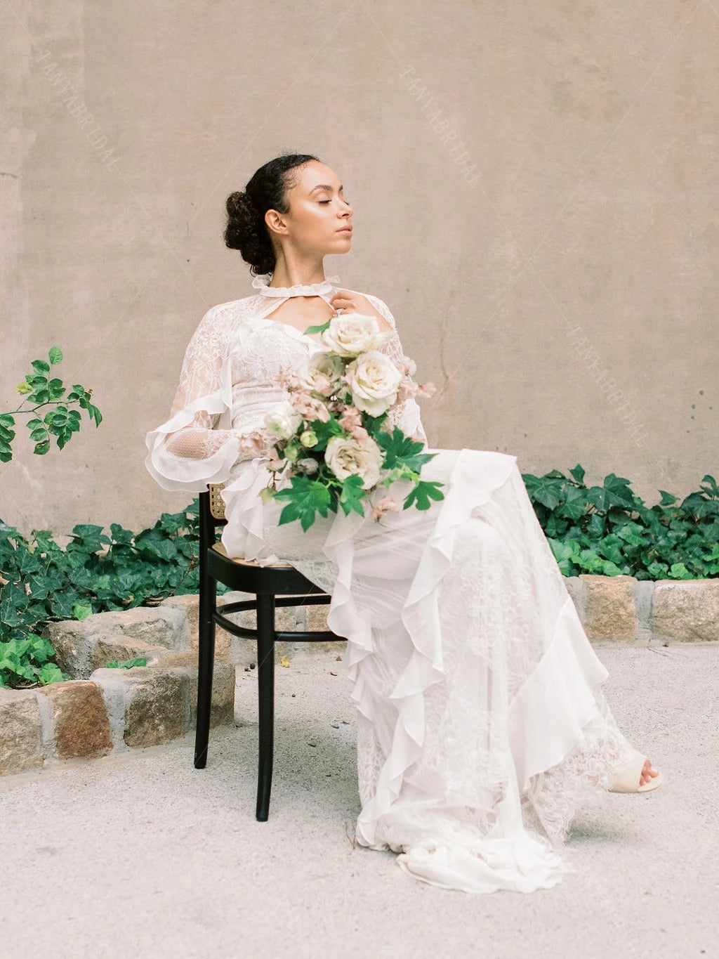 boho mermaid wedding dress with sleeves Sparkly Botanic Lace Bell Sleeve Mermaid Boho Wedding Dress Light Ivory / Dress + Sleeves