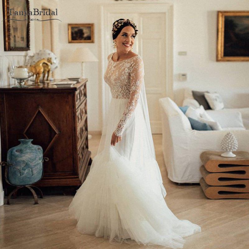 Long Sleeve See through Lace Wedding Dresses O-Neck Floor Length Bohem TANYA BRIDAL Long Sleeve See through Lace Wedding Dresses O-Neck Floor Length Bohem TANYA BRIDAL