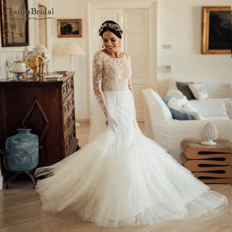 Long Sleeve See through Lace Wedding Dresses O-Neck Floor Length Bohem TANYA BRIDAL Long Sleeve See through Lace Wedding Dresses O-Neck Floor Length Bohem TANYA BRIDAL