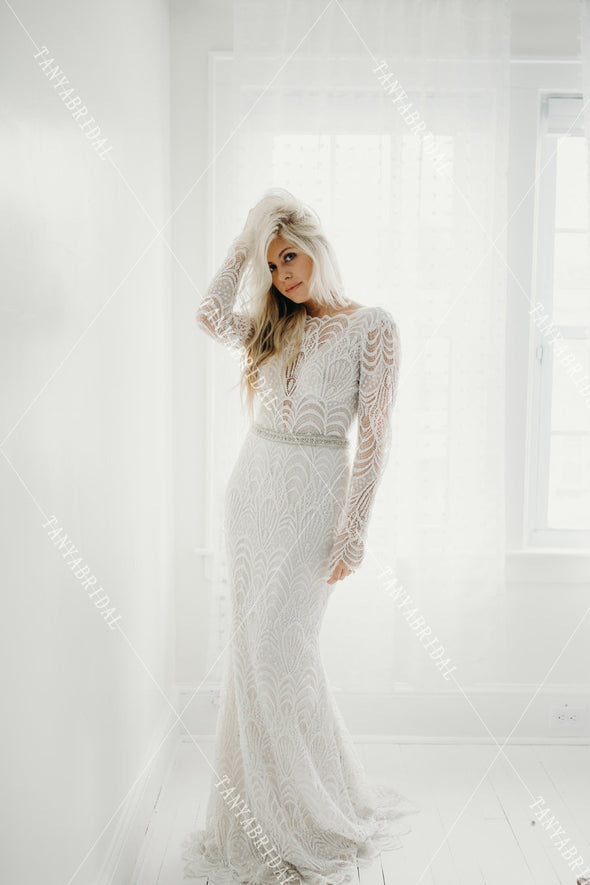 Long Sleeve Lace Beades Luxury Bohemian Bridal Gown  DW384