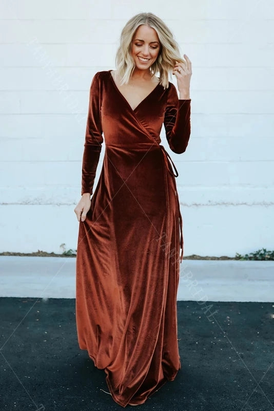 Long Sleeve Velvet Bridesmaid Dresses V-Neck