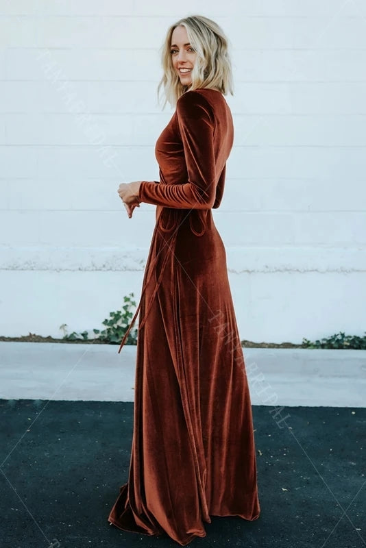 Long Sleeve Velvet Bridesmaid Dresses V-Neck
