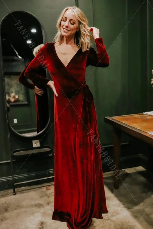 Long Sleeve Velvet Bridesmaid Dresses V-Neck – TANYA BRIDAL