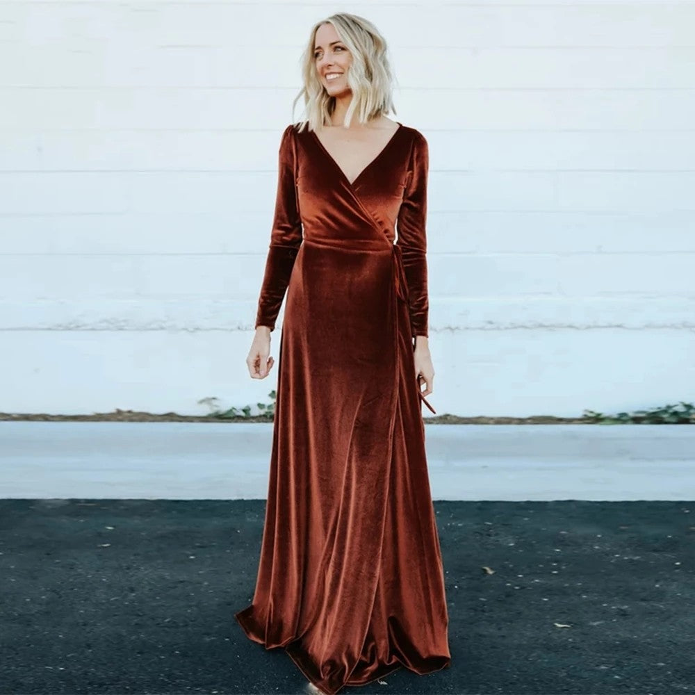 Long Sleeve Velvet Bridesmaid Dresses V-Neck – TANYA BRIDAL