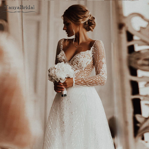 Long Sleeve Wedding Dress ALine V-Neck See Through Elegant Bridal gowns robe de marrige Noivas DW257