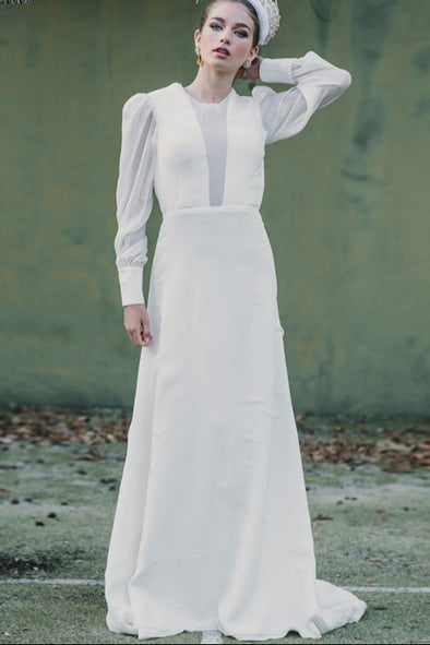 Long Sleeve Ivory Wedding Dresses Open Back