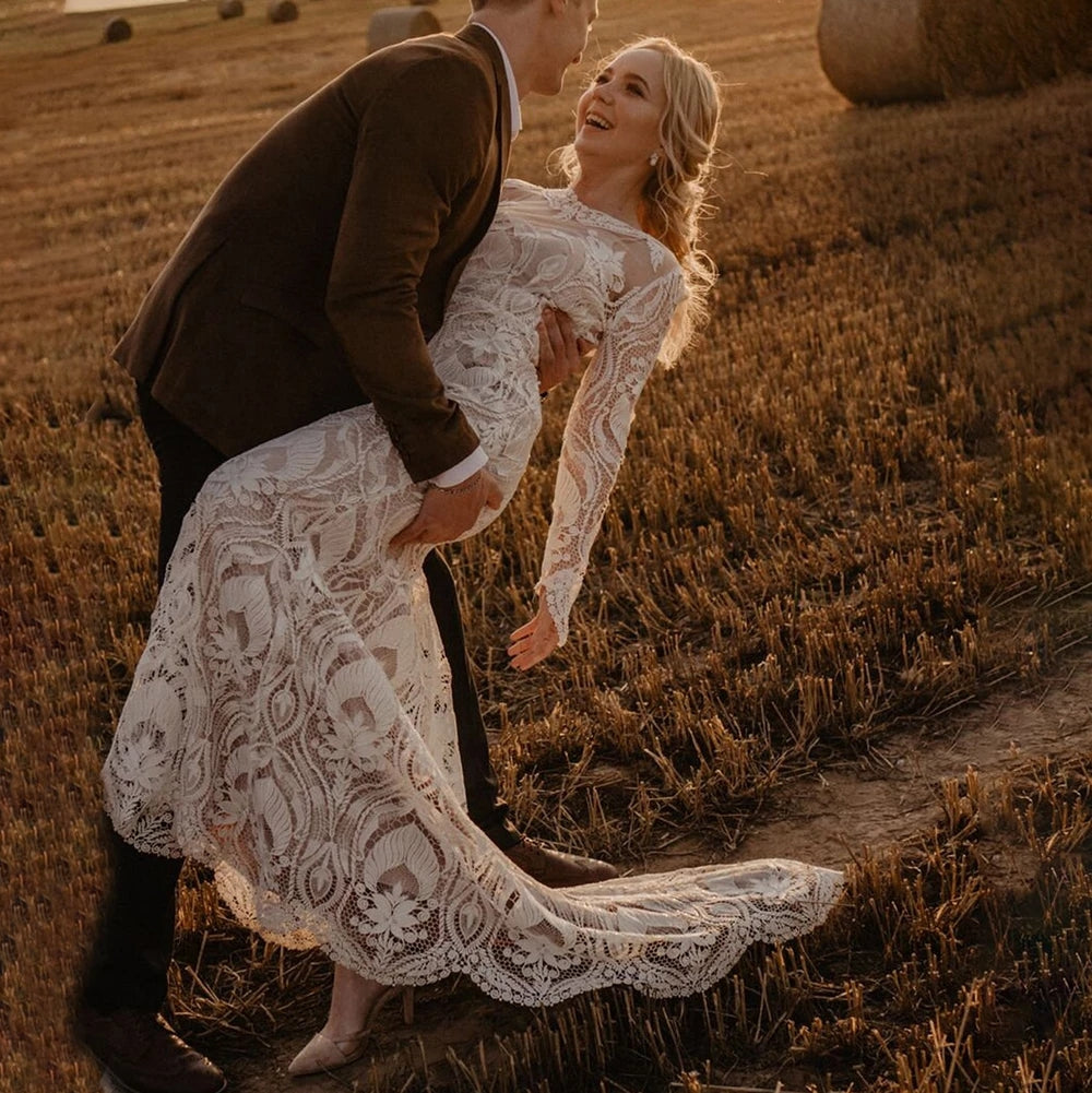 white christmas dresses Long Sleeves Lace Country Wedding Dress Backless – TANYA BRIDAL
