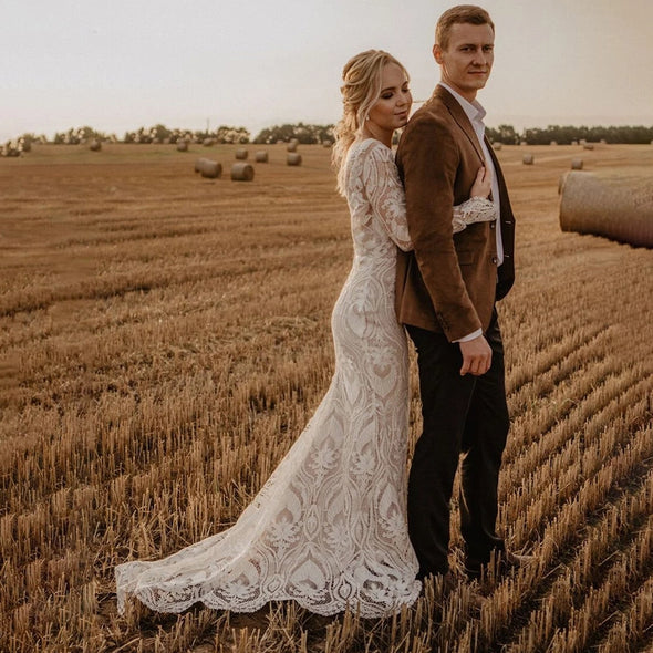 Long Sleeves Lace Country Wedding Dress Backless