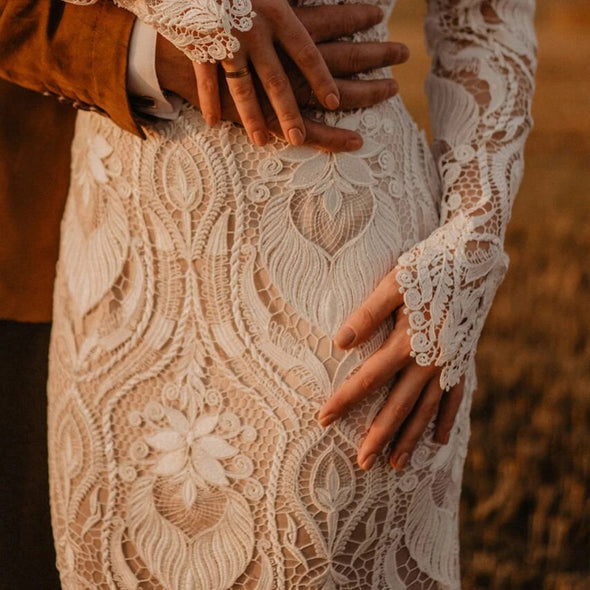 Long Sleeves Lace Country Wedding Dress Backless