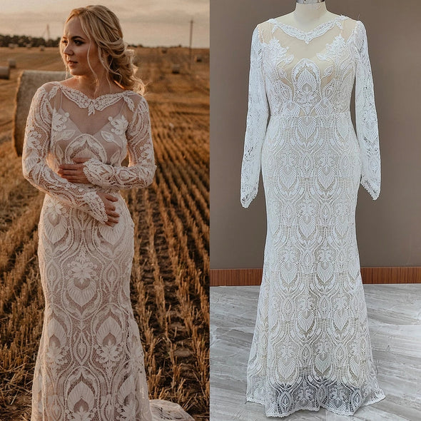 Long Sleeves Lace Country Wedding Dress Backless