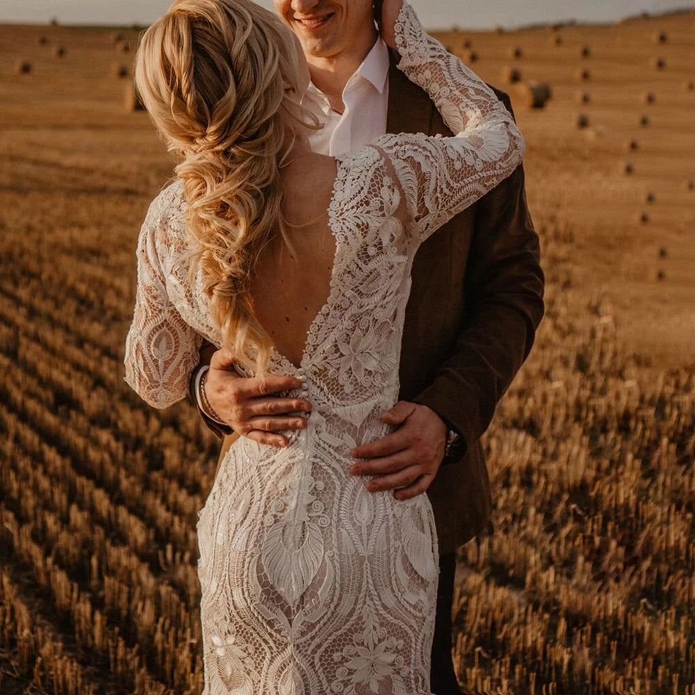Long Sleeves Lace Country Wedding Dress Backless – TANYA BRIDAL