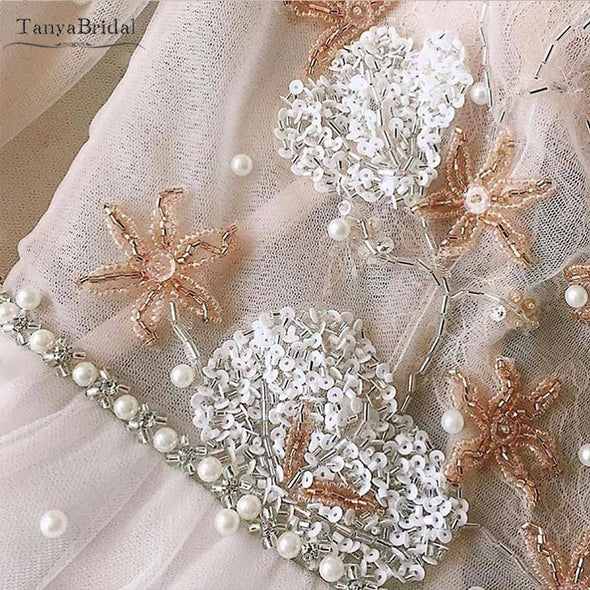 Long sleeve Full Pearls Wedding Dresses Luxury