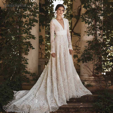 Long sleeve Lace Wedding Dresses A Line V-Neck Bridal Gowns Elegant France Lace Vestido De Noivas DW239