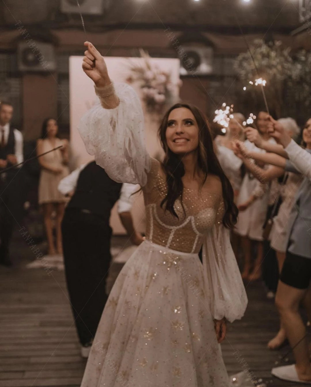 embroidered star dress Champagne A line tulle long prom dress tulle Star long formal evening