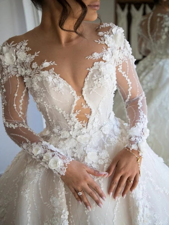 Luxury Lace Wedding Dress With 3D Flower