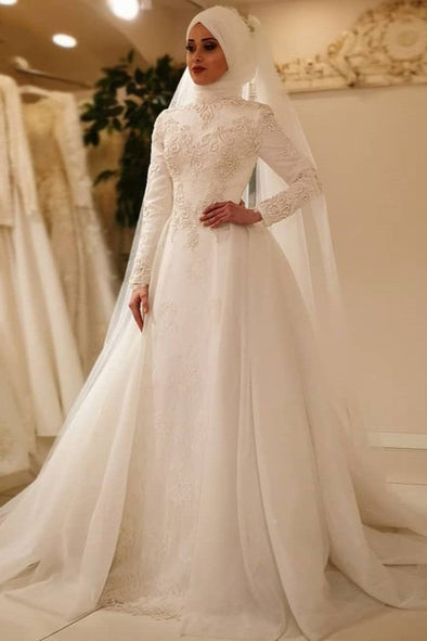 Long Sleeve Zipper Back Lace Islamic Tulle Muslim Wedding Dresses TBW20