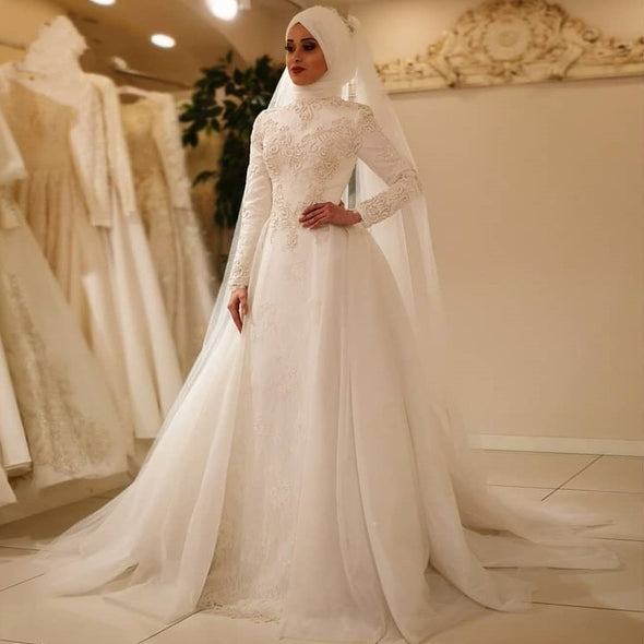Long Sleeve Zipper Back Lace Islamic Tulle Muslim Wedding Dresses TBW20
