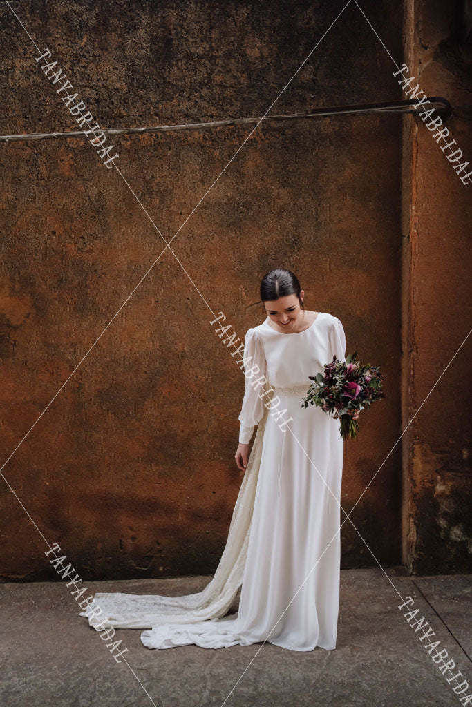 Simple Long Sleeves Modest Backless A Line Wedding Dress Magic Robe de TANYA BRIDAL Simple Long Sleeves Modest Backless A Line Wedding Dress Magic Robe de TANYA BRIDAL
