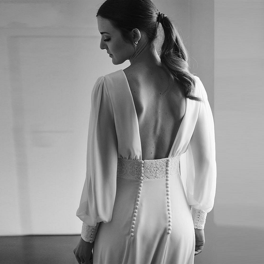 Simple Long Sleeves Modest Backless A Line Wedding Dress Magic Robe de TANYA BRIDAL Simple Long Sleeves Modest Backless A Line Wedding Dress Magic Robe de TANYA BRIDAL