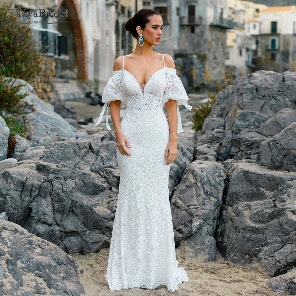 Mermaid Lace Puff Sleeve Bohemian Wedding Dresses DW544  TANYA BRIDAL