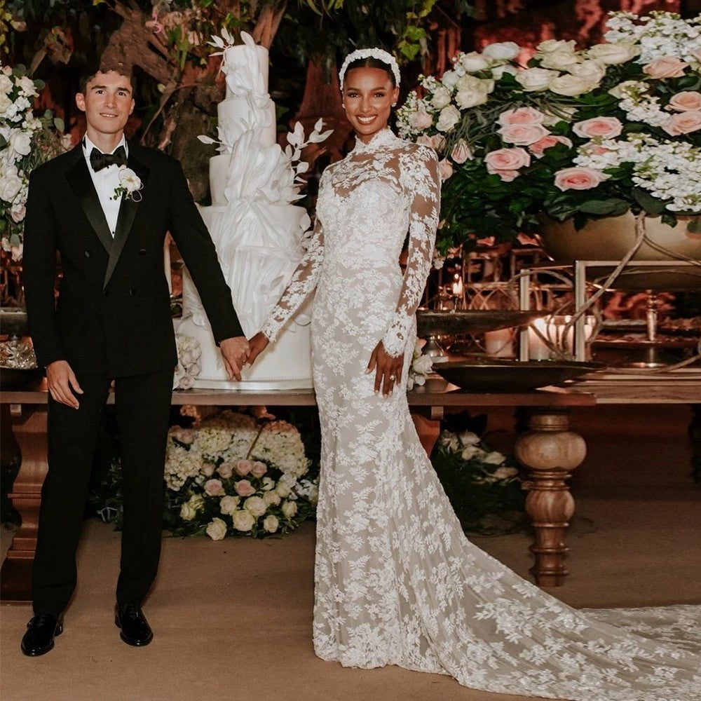 long sleeve wedding dress with detachable skirt Long Sleeves Tulle High Neck Wedding Dress with Detachable Overskir