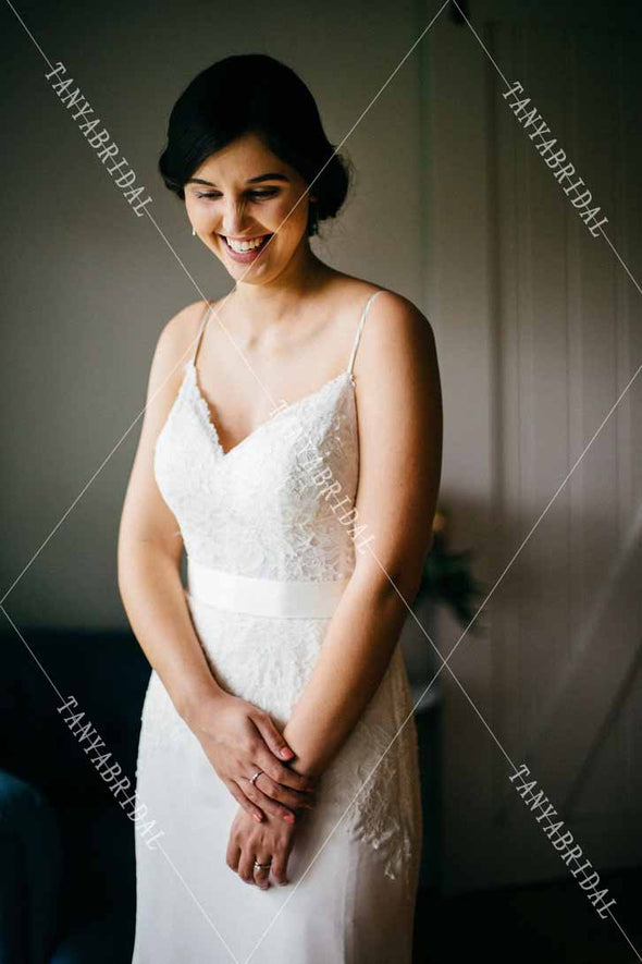 Mermaid Wedding Dresses Soft Satin Lace Bridal Gowns Elegant Spaghetti V-Neck Vestido De noivas DW398