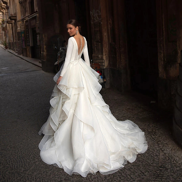 Modern White V-Neck Ball Gown Satin Wedding Dress Illusion Back With Button