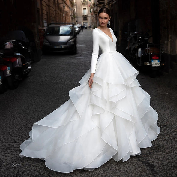 Modern White V-Neck Ball Gown Satin Wedding Dress Illusion Back With Button