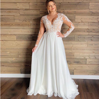 Modest Long Sleeves V-neck Chiffon Beach Plus Size Wedding Dresses Ves TANYA BRIDAL Modest Long Sleeves V-neck Chiffon Beach Plus Size Wedding Dresses Ves TANYA BRIDAL