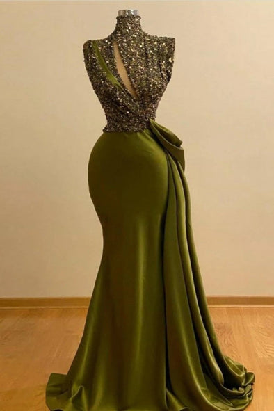 Olive Green Mermaid Evening Dresses Long