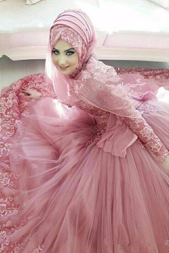 Pink Hijab Wedding Dress 2019 Exclusive Pink Muslim Bride Dresses