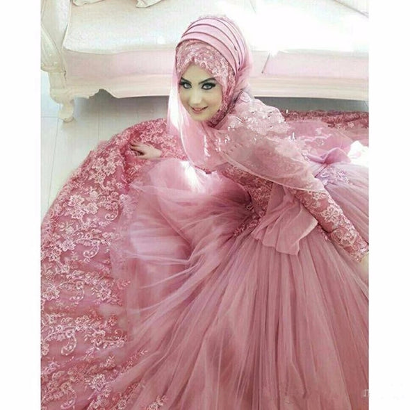 Long Sleeves High Neck Lace Islamic Muslim Wedding Dresses TBW74