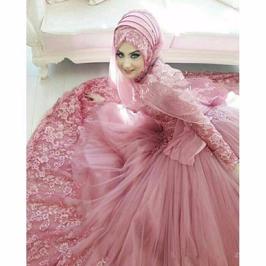 Muslim Ball Gown Long Wedding Dresses Dubai Arabic Light Pink Tulle High  Neck Puffy Bridal Gowns Wedding Dress vestido de noiva - AliExpress