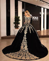 Black Arabic Prom Ball Gown With Gold Lace Appliques