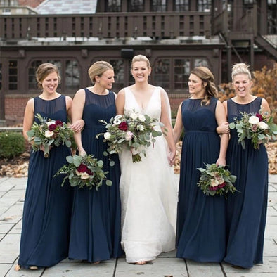 Navy Blue Elegant  Pleat Chiffon Long Bridesmaid Dresses