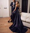 High Low A-Line Backless Navy Blue Prom Dresses