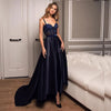 High Low A-Line Backless Navy Blue Prom Dresses
