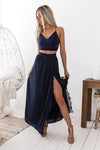 Navy Blue Simple Prom Dress Two Piece Spaghetti Straps with Slit TB1353