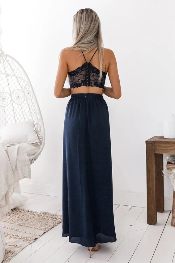 Navy Blue Simple Prom Dress Two Piece Spaghetti Straps with Slit TB1353