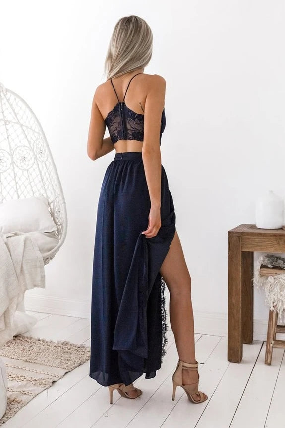Navy Blue Simple Prom Dress Two Piece Spaghetti Straps with Slit TB1353