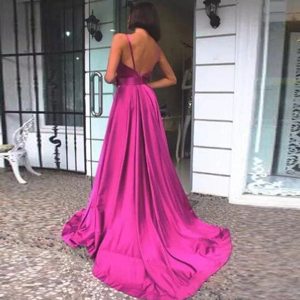 Hot Pink A Line Backless Satin Simple Prom Dresses
