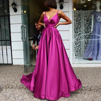 Hot Pink A Line Backless Satin Simple Prom Dresses